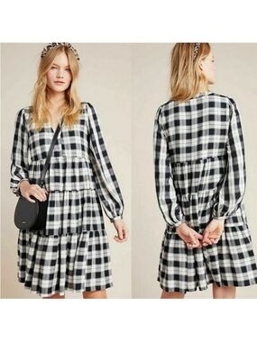 Anthropologie Maeve Black and White Plaid Tiered V-Neck Long Sleeve Dress